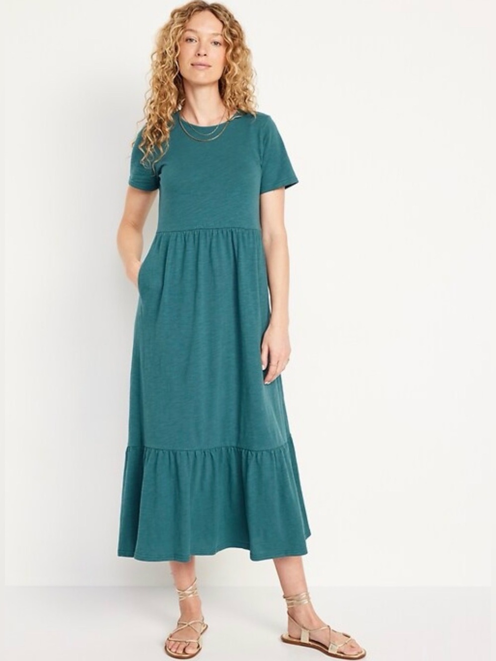 Old Navy Tiered Midi Dress Darkwater Teal Short Sleeve Stretch Jersey Knit Sz S